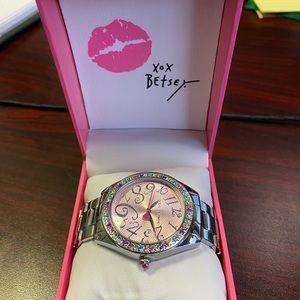 Betsey Johnson Silver Watch with Rainbow Crystals